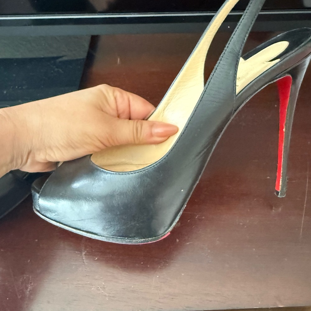 Christian Louboutin Black Peep-Toe Heels with Red Sole